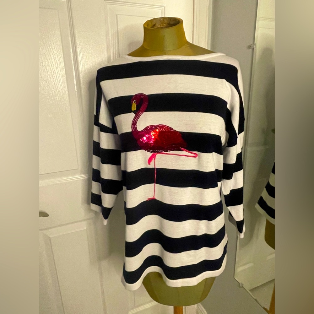 Sparkle Pink Flamingo / Black and White Stripe